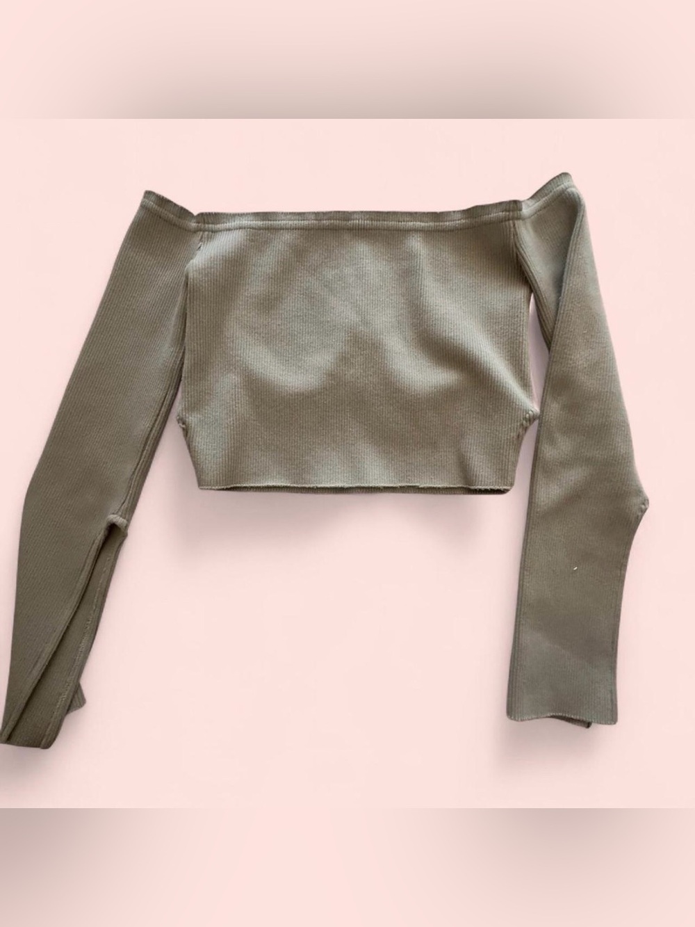 Orseund Iris Olive Green Ribbed Off-Shoulder Crop Top - Picture 2 of 2